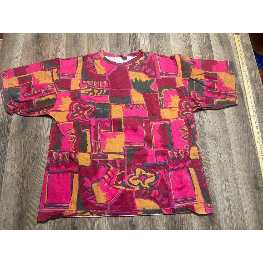 Vintage Fast Shirt, Women's Size XL, Pink Multicolor, Short Sleeve, Abstract